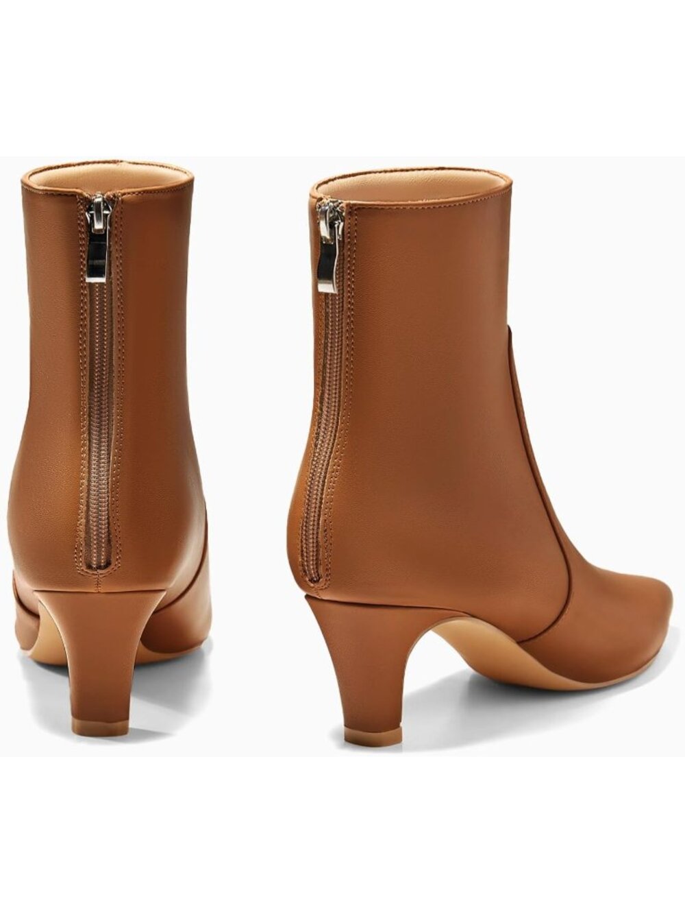 Women's Brown Square Pointed Toe Zipper Low Kitten Heel Short Ankle Booties - Picture 4 of 5